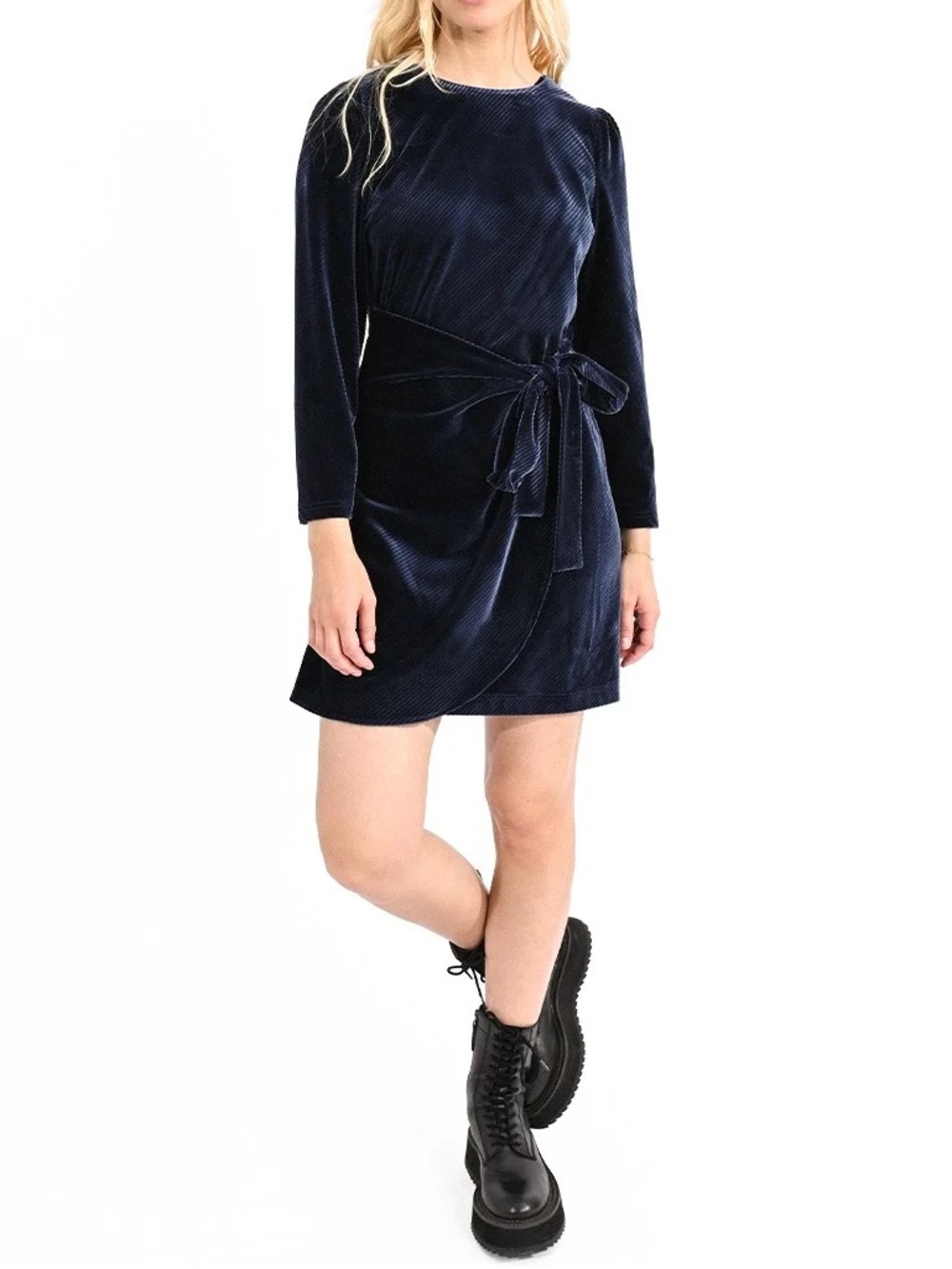 Molly Bracken Asymmetric Velvet Dress Navy Blue Stripe Size Medium
